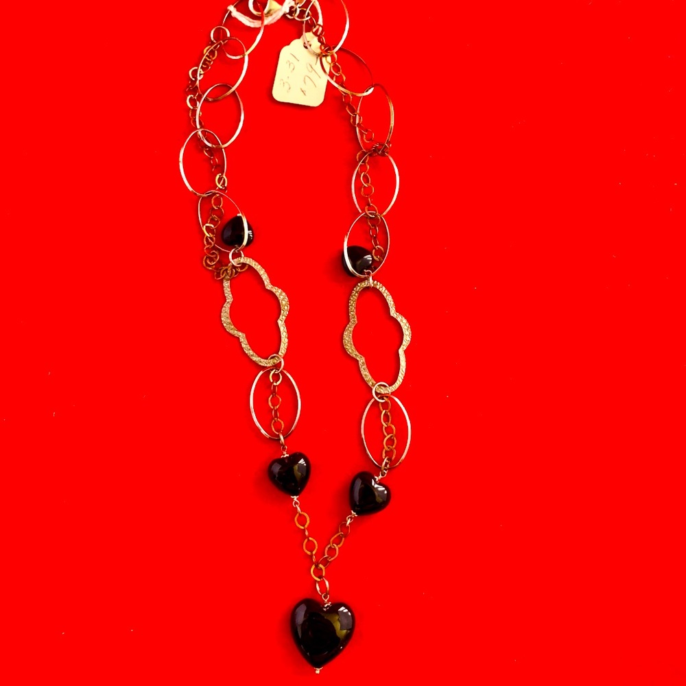 Black Onyx Sterling Platinum Dipped Heart Necklace